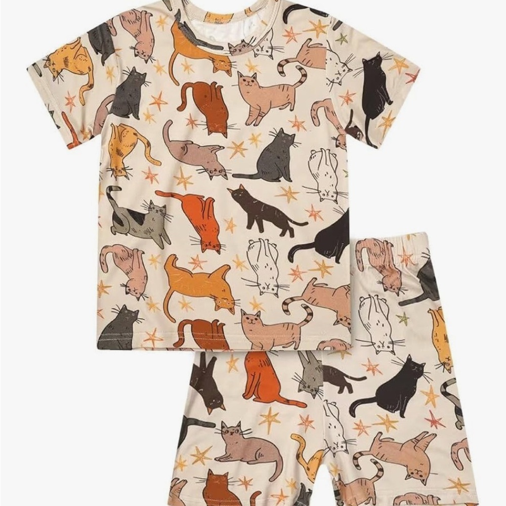 NWT Bamboo Cat Pajama Set (Size 120 / 6–7) – Soft & Stretchy Short Sleeve PJs
